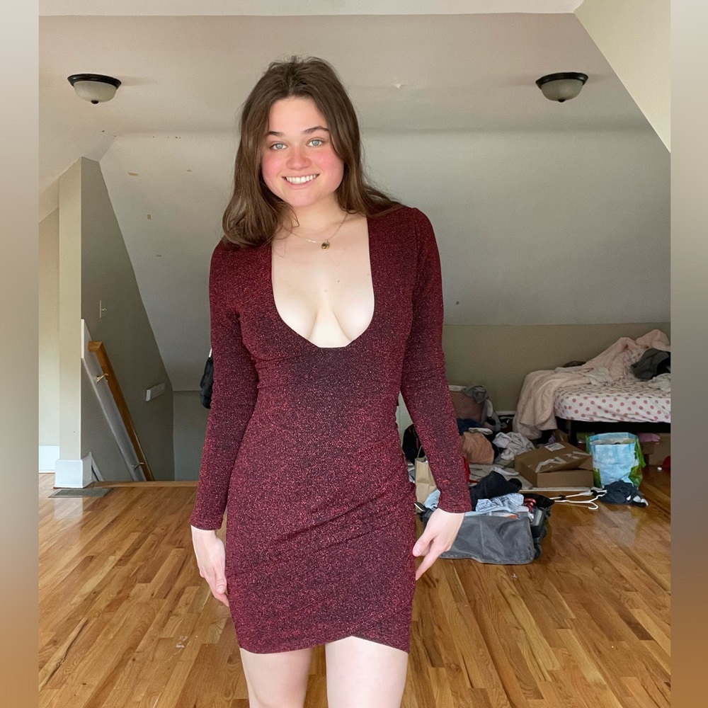 Sparkly Red Plunge Neck Dress